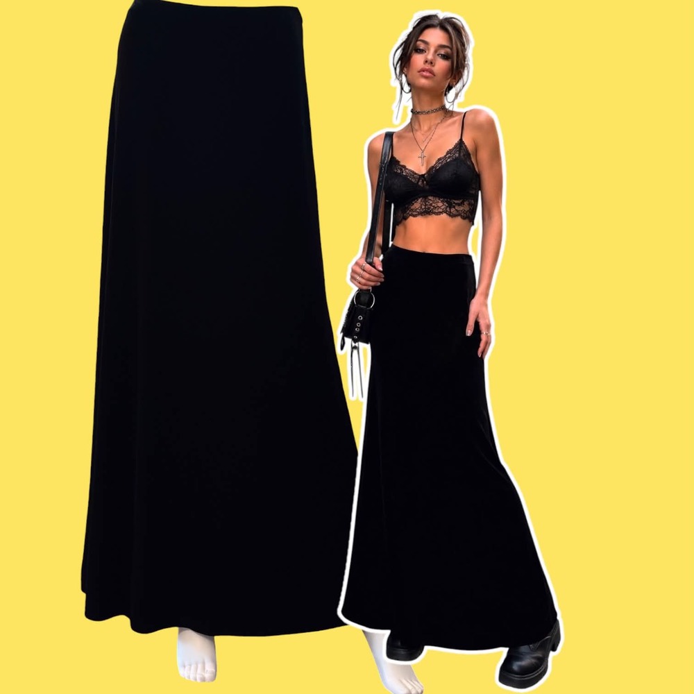 Vintage Alex Evenings Black Velvet Maxi Skirt Size Small Witchy Goth Dark Fairy